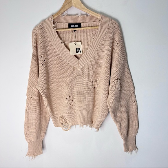 SER.O.YA Seroya Syd Distressed Cable V-Neck Cropped Sweater Size Medium NEW B65